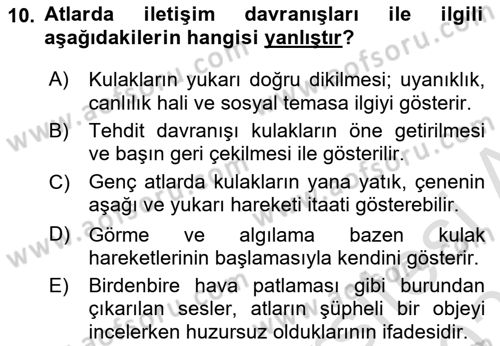 Hayvan Davranışları ve Refahı Dersi 2024 - 2025 Yılı (Vize) Ara Sınav Soruları 10. Soru