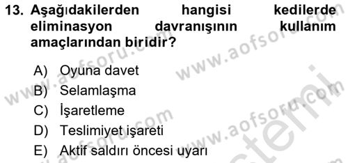 Hayvan Davranışları ve Refahı Dersi 2024 - 2025 Yılı (Vize) Ara Sınav Soruları 13. Soru