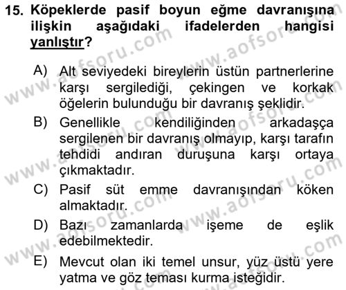 Hayvan Davranışları ve Refahı Dersi 2024 - 2025 Yılı (Vize) Ara Sınav Soruları 15. Soru