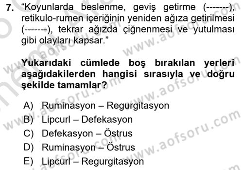 Hayvan Davranışları ve Refahı Dersi 2024 - 2025 Yılı (Vize) Ara Sınav Soruları 7. Soru