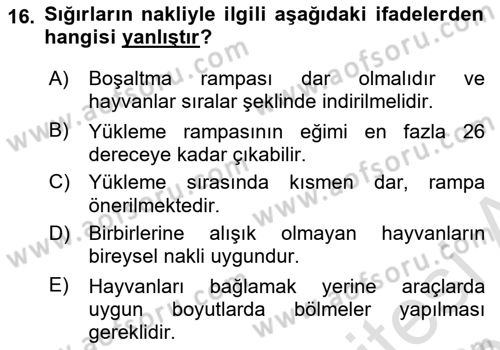 Hayvan Davranışları ve Refahı Dersi 2024 - 2025 Yılı (Final) Dönem Sonu Sınav Soruları 16. Soru