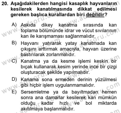 Hayvan Davranışları ve Refahı Dersi 2024 - 2025 Yılı (Final) Dönem Sonu Sınav Soruları 20. Soru