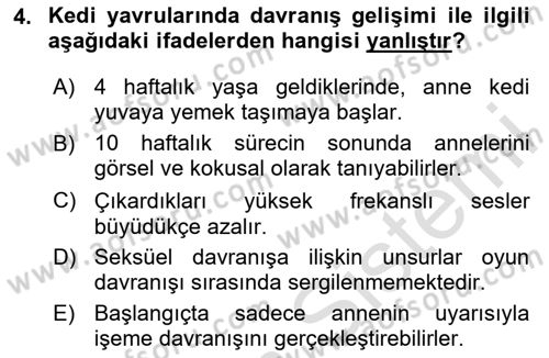 Hayvan Davranışları ve Refahı Dersi 2024 - 2025 Yılı (Final) Dönem Sonu Sınav Soruları 4. Soru