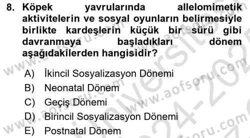 Hayvan Davranışları ve Refahı Dersi 2024 - 2025 Yılı Yaz Okulu Sınav Soruları 8. Soru