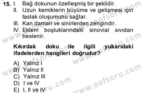 Temel Veteriner Histoloji ve Embriyoloji Dersi Ara Sınavı Deneme Sınav Soruları 15. Soru