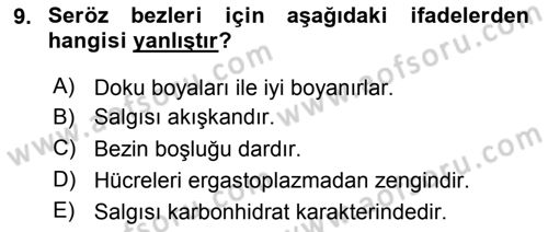 Temel Veteriner Histoloji ve Embriyoloji Dersi Ara Sınavı Deneme Sınav Soruları 9. Soru
