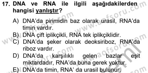 Temel Veteriner Biyokimya Dersi 2012 - 2013 Yılı (Vize) Ara Sınavı 17. Soru