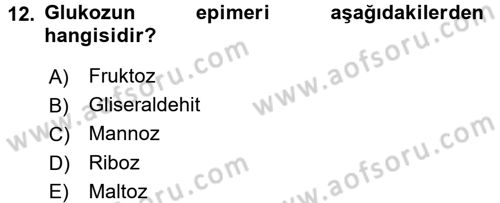 Temel Veteriner Biyokimya Dersi 2015 - 2016 Yılı Tek Ders Sınav Soruları 12. Soru