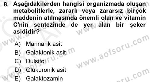 Temel Veteriner Biyokimya Dersi 2017 - 2018 Yılı (Vize) Ara Sınavı 8. Soru