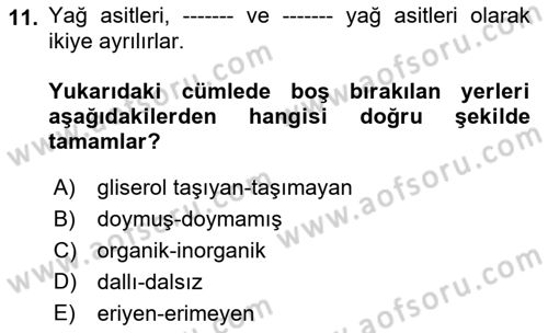 Temel Veteriner Biyokimya Dersi 2018 - 2019 Yılı 3 Ders Sınav Soruları 11. Soru