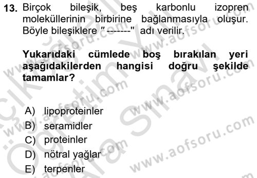 Temel Veteriner Biyokimya Dersi 2021 - 2022 Yılı (Vize) Ara Sınav Soruları 13. Soru