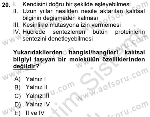 Temel Veteriner Biyokimya Dersi 2021 - 2022 Yılı (Vize) Ara Sınav Soruları 20. Soru