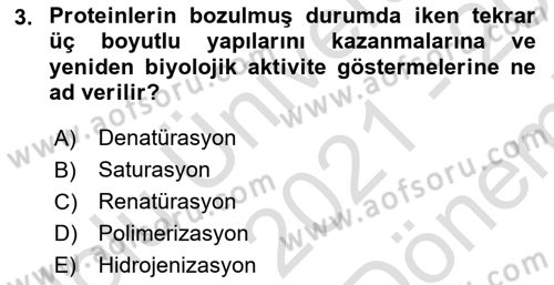 Temel Veteriner Biyokimya Dersi 2021 - 2022 Yılı (Final) Dönem Sonu Sınav Soruları 3. Soru