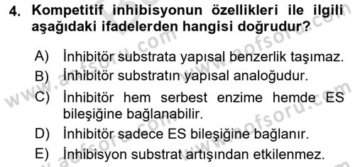 Temel Veteriner Biyokimya Dersi 2021 - 2022 Yılı (Final) Dönem Sonu Sınav Soruları 4. Soru