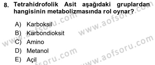 Temel Veteriner Biyokimya Dersi 2021 - 2022 Yılı (Final) Dönem Sonu Sınav Soruları 8. Soru