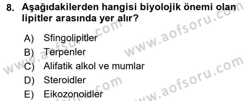 Temel Veteriner Biyokimya Dersi 2021 - 2022 Yılı Yaz Okulu Sınav Soruları 8. Soru