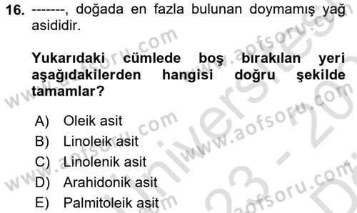 Temel Veteriner Biyokimya Dersi 2023 - 2024 Yılı (Vize) Ara Sınav Soruları 16. Soru