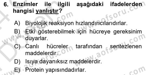 Temel Veteriner Biyokimya Dersi 2023 - 2024 Yılı (Final) Dönem Sonu Sınav Soruları 6. Soru