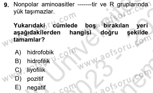 Temel Veteriner Biyokimya Dersi 2023 - 2024 Yılı (Final) Dönem Sonu Sınav Soruları 9. Soru
