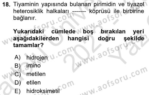 Temel Veteriner Biyokimya Dersi 2023 - 2024 Yılı Yaz Okulu Sınav Soruları 18. Soru