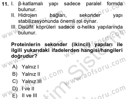 Temel Veteriner Biyokimya Dersi 2024 - 2025 Yılı (Vize) Ara Sınav Soruları 11. Soru