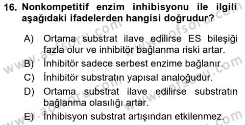 Temel Veteriner Biyokimya Dersi 2024 - 2025 Yılı (Final) Dönem Sonu Sınav Soruları 16. Soru