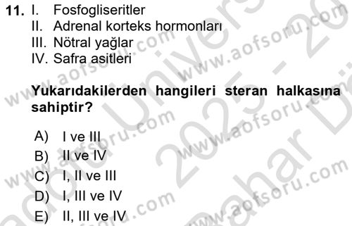 Temel Veteriner Biyokimya Dersi 2025 - 2026 Yılı (Vize) Ara Sınav Soruları 11. Soru