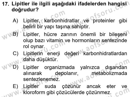 Temel Veteriner Biyokimya Dersi 2025 - 2026 Yılı (Vize) Ara Sınav Soruları 17. Soru