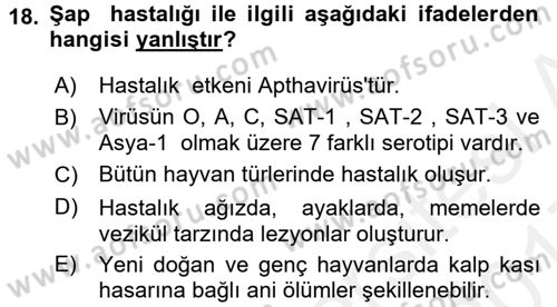 Temel Sürü Sağlığı Yönetimi Dersi 2016 - 2017 Yılı (Final) Dönem Sonu Sınavı 18. Soru