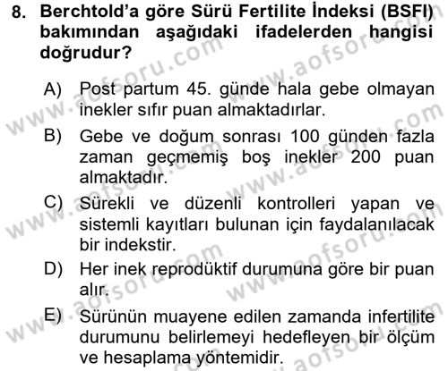 Temel Sürü Sağlığı Yönetimi Dersi 2016 - 2017 Yılı (Final) Dönem Sonu Sınavı 8. Soru