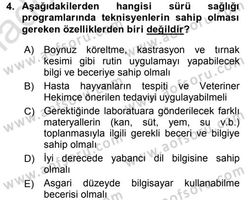 Temel Sürü Sağlığı Yönetimi Dersi Ara Sınavı Deneme Sınav Soruları 4. Soru