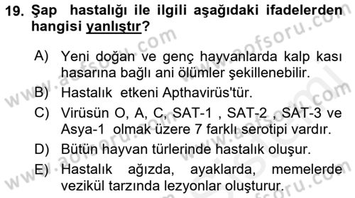 Temel Sürü Sağlığı Yönetimi Dersi 2018 - 2019 Yılı (Final) Dönem Sonu Sınav Soruları 19. Soru