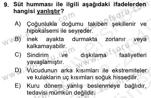 Temel Sürü Sağlığı Yönetimi Dersi 2018 - 2019 Yılı (Final) Dönem Sonu Sınav Soruları 9. Soru