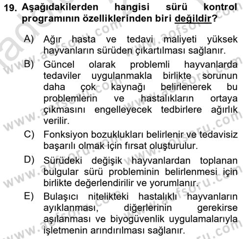 Temel Sürü Sağlığı Yönetimi Dersi 2020 - 2021 Yılı Yaz Okulu Sınav Soruları 19. Soru
