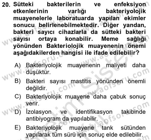Temel Sürü Sağlığı Yönetimi Dersi 2020 - 2021 Yılı Yaz Okulu Sınav Soruları 20. Soru