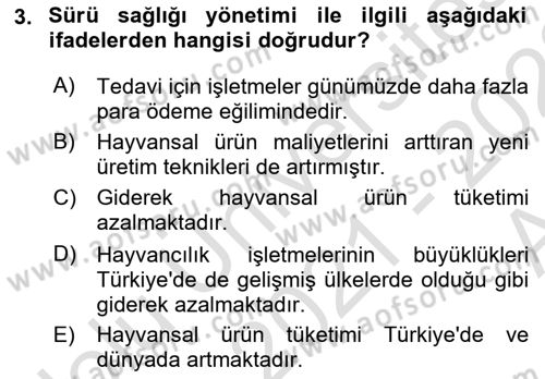 Temel Sürü Sağlığı Yönetimi Dersi 2021 - 2022 Yılı (Vize) Ara Sınavı 3. Soru