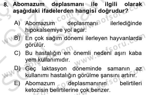 Temel Sürü Sağlığı Yönetimi Dersi 2021 - 2022 Yılı (Final) Dönem Sonu Sınav Soruları 8. Soru