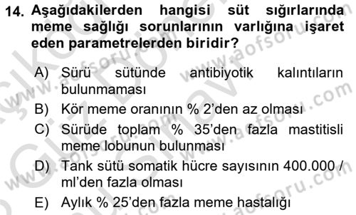 Temel Sürü Sağlığı Yönetimi Dersi 2022 - 2023 Yılı (Final) Dönem Sonu Sınavı 14. Soru