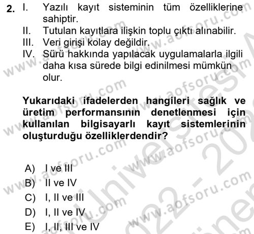 Temel Sürü Sağlığı Yönetimi Dersi 2022 - 2023 Yılı (Final) Dönem Sonu Sınavı 2. Soru