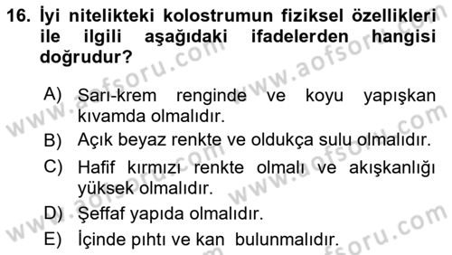 Temel Sürü Sağlığı Yönetimi Dersi 2022 - 2023 Yılı Yaz Okulu Sınavı 16. Soru