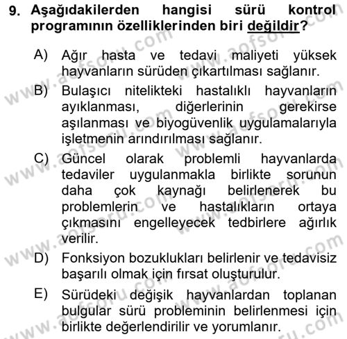 Temel Sürü Sağlığı Yönetimi Dersi 2022 - 2023 Yılı Yaz Okulu Sınavı 9. Soru