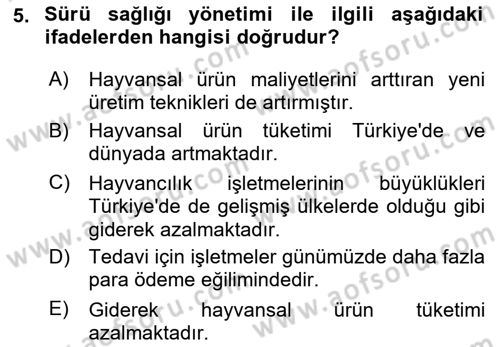 Temel Sürü Sağlığı Yönetimi Dersi 2024 - 2025 Yılı (Vize) Ara Sınavı 5. Soru