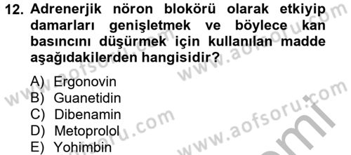 Temel Veteriner Farmakoloji ve Toksikoloji Dersi 2012 - 2013 Yılı (Vize) Ara Sınav Soruları 12. Soru