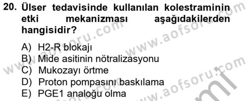 Temel Veteriner Farmakoloji ve Toksikoloji Dersi 2012 - 2013 Yılı (Vize) Ara Sınavı 20. Soru