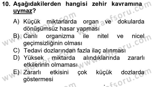Temel Veteriner Farmakoloji ve Toksikoloji Dersi 2012 - 2013 Yılı (Final) Dönem Sonu Sınav Soruları 10. Soru