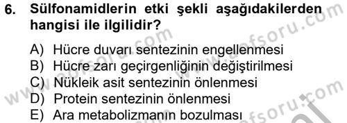 Temel Veteriner Farmakoloji ve Toksikoloji Dersi 2012 - 2013 Yılı (Final) Dönem Sonu Sınav Soruları 6. Soru
