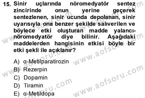 Temel Veteriner Farmakoloji ve Toksikoloji Dersi 2013 - 2014 Yılı (Vize) Ara Sınav Soruları 15. Soru