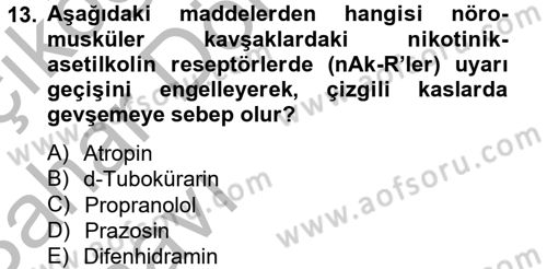 Temel Veteriner Farmakoloji ve Toksikoloji Dersi 2014 - 2015 Yılı (Vize) Ara Sınav Soruları 13. Soru