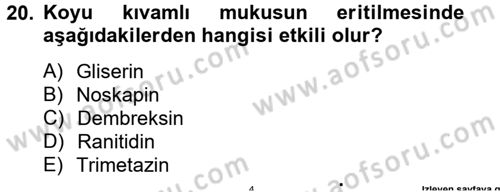 Temel Veteriner Farmakoloji ve Toksikoloji Dersi 2014 - 2015 Yılı (Vize) Ara Sınav Soruları 20. Soru