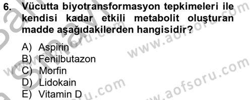 Temel Veteriner Farmakoloji ve Toksikoloji Dersi 2014 - 2015 Yılı (Vize) Ara Sınav Soruları 6. Soru